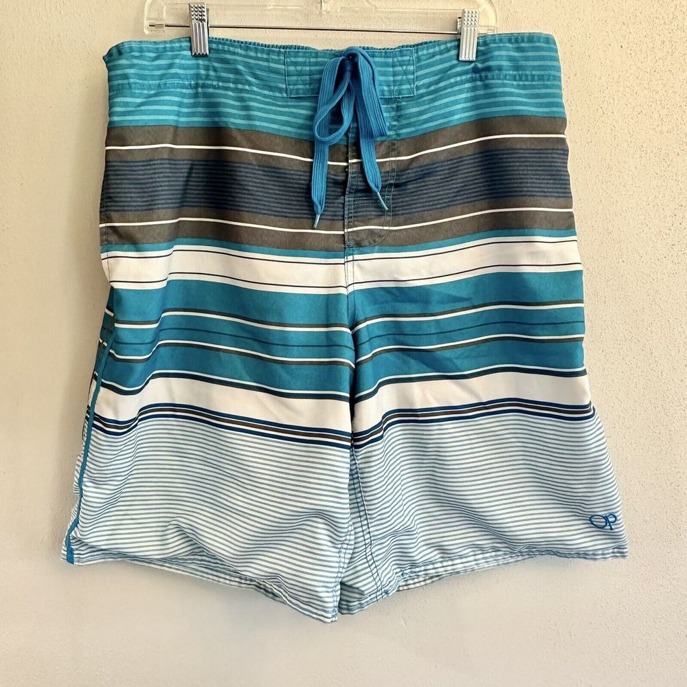 OP Men’s Blue/Gray/White Striped Lined Board Shorts Swim Suit. L (36-38)